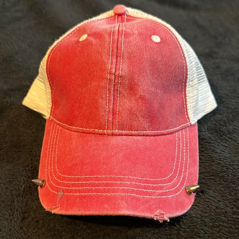 Custom trucker cap with white mesh back.